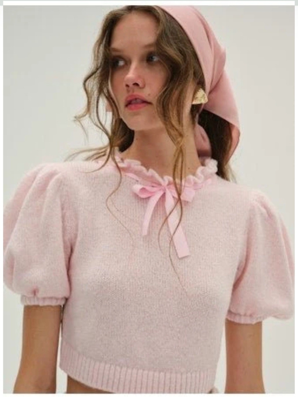 NWT For Love & Lemons Pale Pink Ruffle-Neck Puff Sleeve Sweater